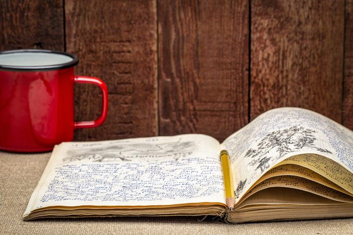 closeup of mug and journal with writing and drawings - pandemic - anxiety