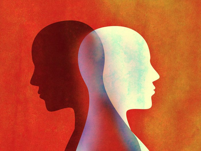 painting in reds and oranges depicting mental health issues - two heads/silhouettes overlapping - co-occurring disorders