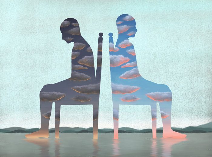 painting of two silhouettes of people sitting back to back in chairs - Bipolar disorder