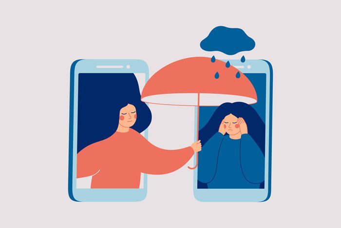 digital illustration of a woman coming out of a smart phone screen to hold an umbrella over a sad woman coming out of another smart phone screen - support for mental health disorders